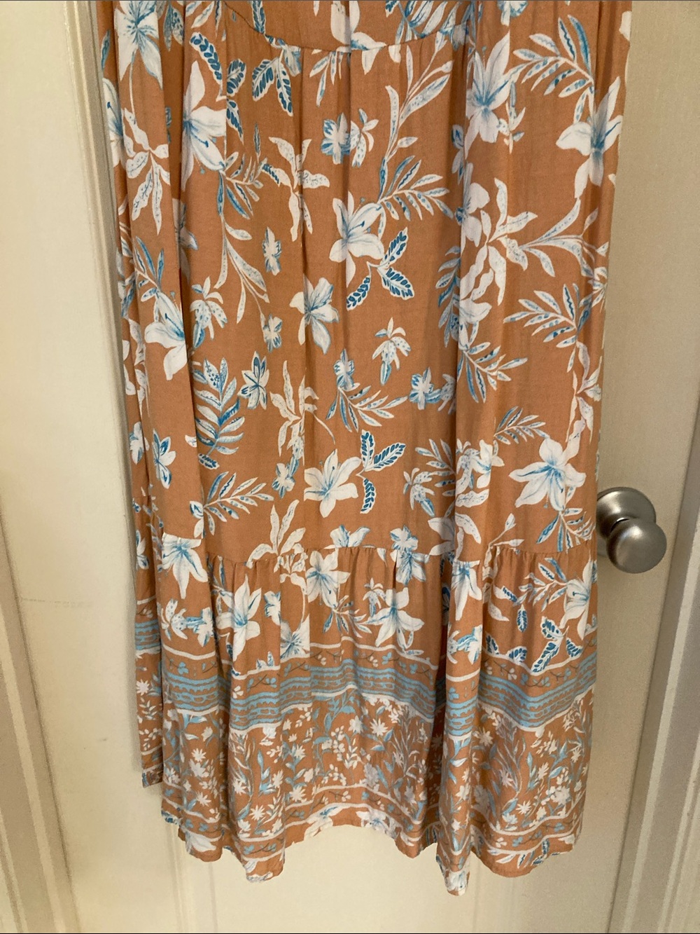 Boho Floral Maxi Skirt in Camel with White & Light Blue Print - Picture 8 of 14